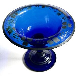 Vintage Antique Cobalt Blue Pedestal Glass Compote Silver Accents